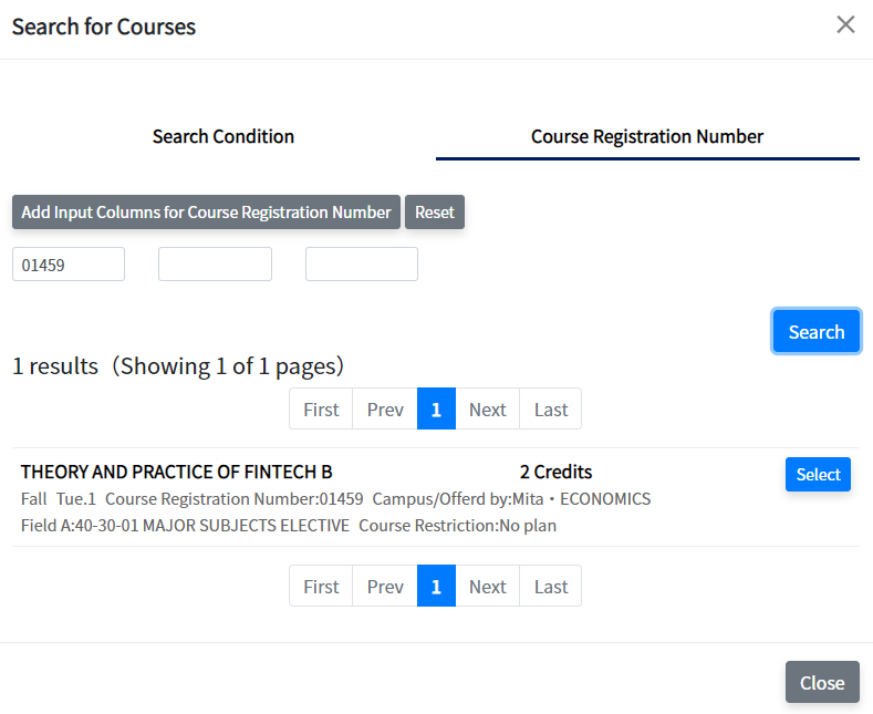 Course Registration Number Tab